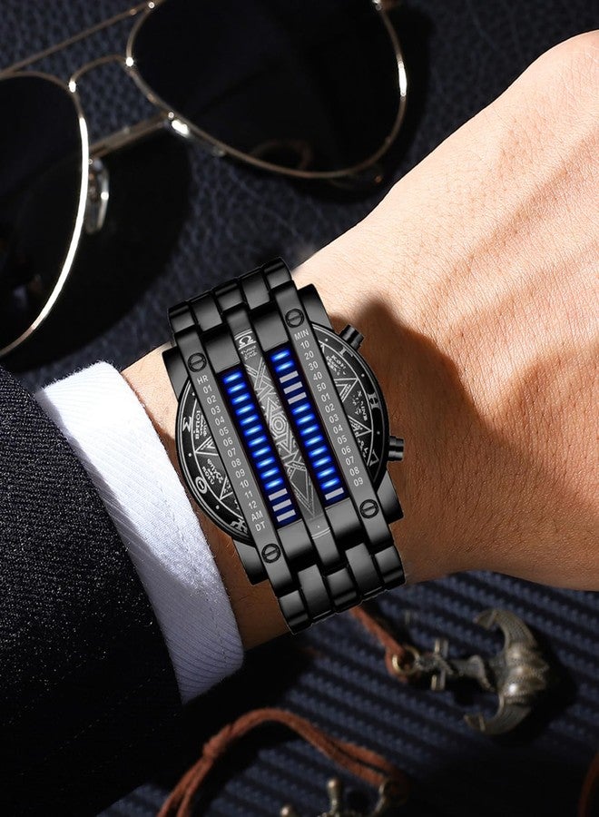 FANMIS Creative Mens Binary Matrix Blue LED Digital Watch Fashion Classic Black Plated Waterproof LED Backlight Bracelet Watches (X Black Blue) - Image 3